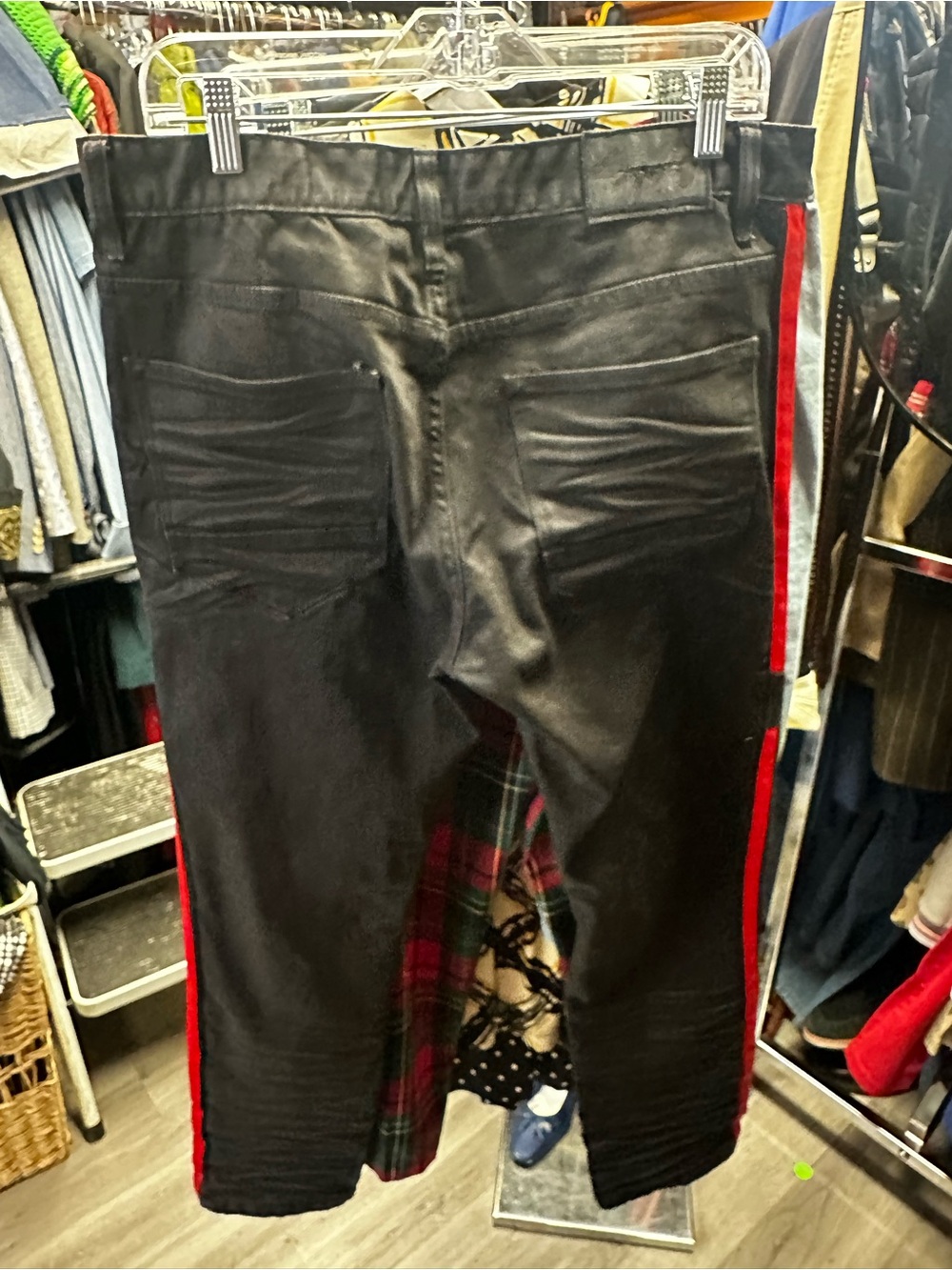 Skinny Black Men's Jeans with Red Side Stripe